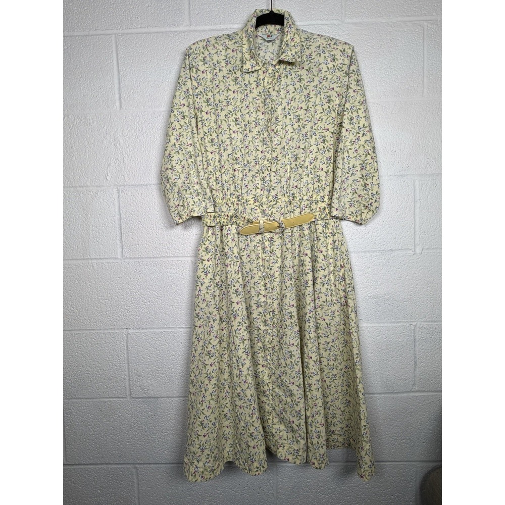 Vintage 90s Floral Shirt Dress Cottagecore Yellow Blueberry Midi Belted M/L USA